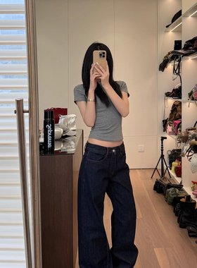 SUNONEONE 撞色原牛牛仔裤女春直筒深色宽松松弛感水洗显瘦休闲裤