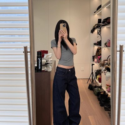 SUNONEONE 撞色原牛牛仔裤女春直筒深色宽松松弛感水洗显瘦休闲裤