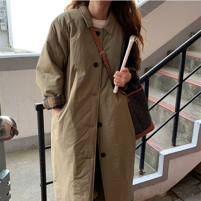 有货 韩国 保暖显瘦 经典简单袖子格纹装饰加棉风衣外套棉衣棉服