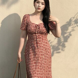 裙春夏女长款 方领红格纹收腰短袖 显瘦连衣裙 法式 大码