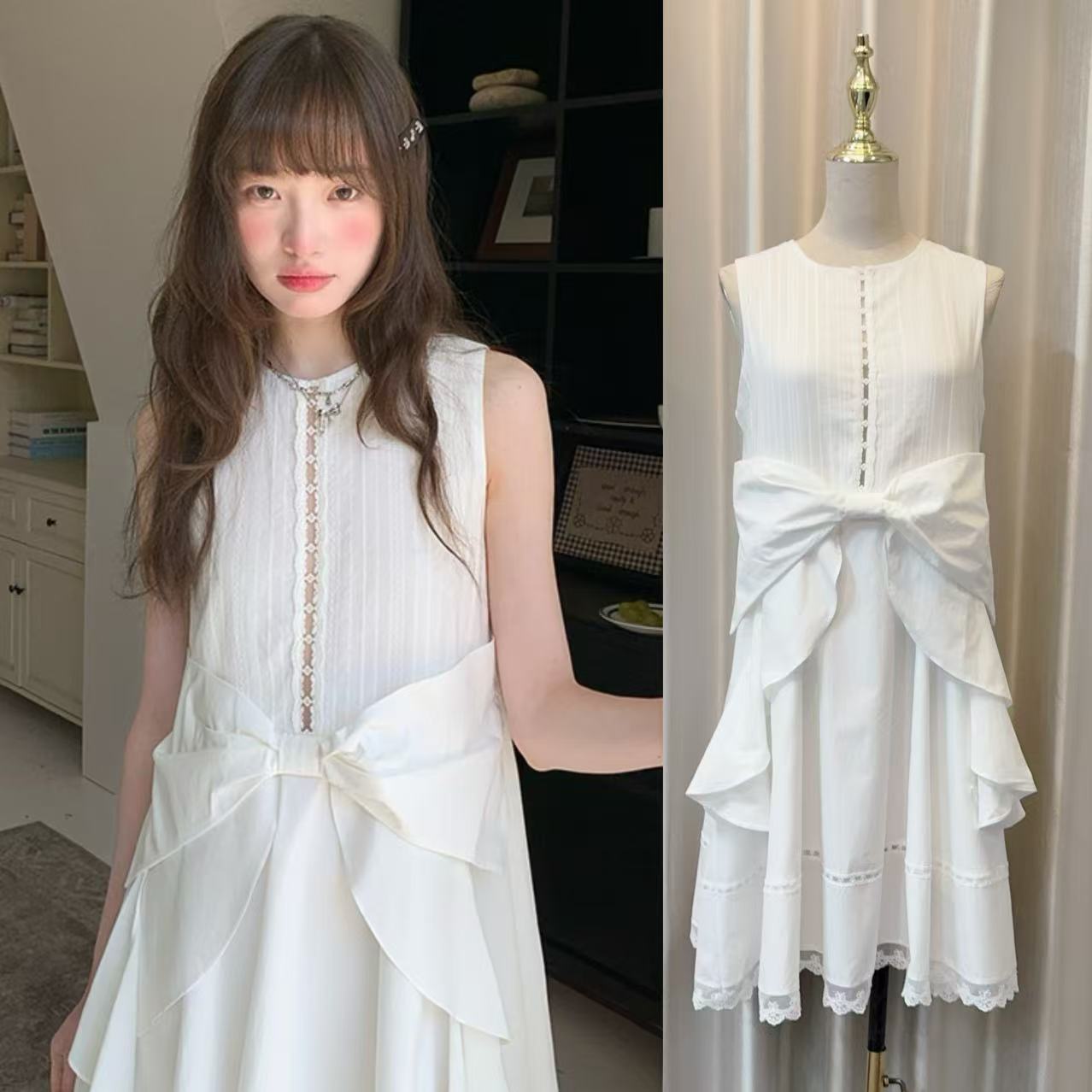 芝士日小众设计蝴蝶结奶昔白无袖长裙夏季甜美休闲百搭修身连衣裙