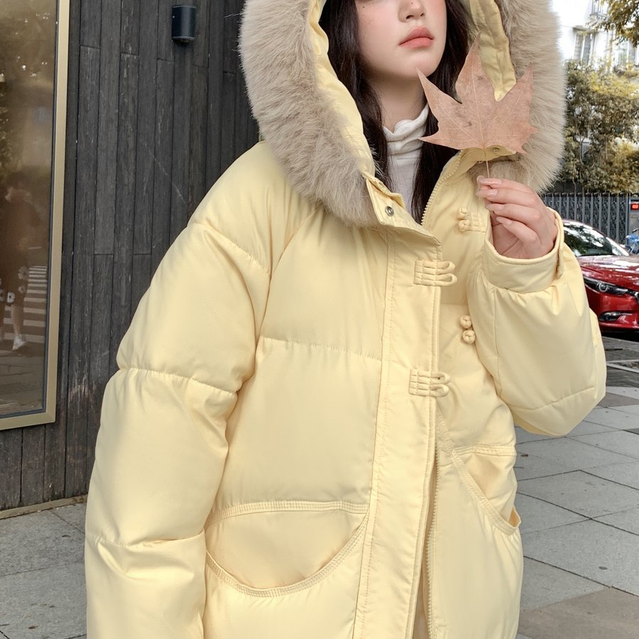 奶黄色羽绒棉服女中长款2025新款冬季赫本风棉衣时尚盘扣棉袄外套