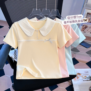 T恤女 短袖 实拍小清新甜美设计感波点娃娃领温柔蝴蝶结装 饰自留款