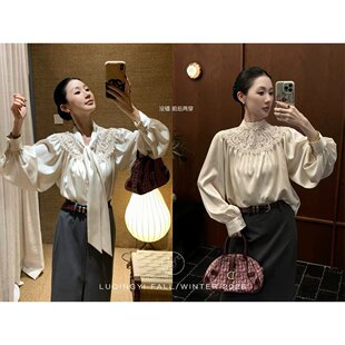鹭青一原创双雕法式高密缎面蕾丝镂空衬衫女秋灯笼袖宽松上衣
