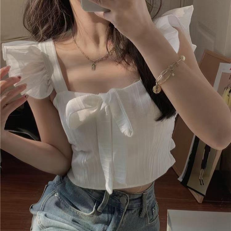 法式蝴蝶结小飞袖背心2024