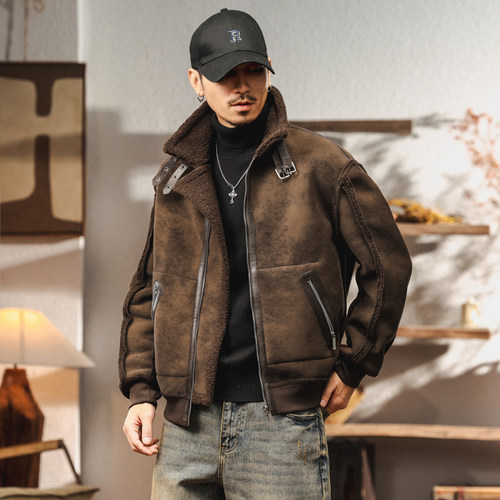 美式重磅复古工装加绒皮夹克