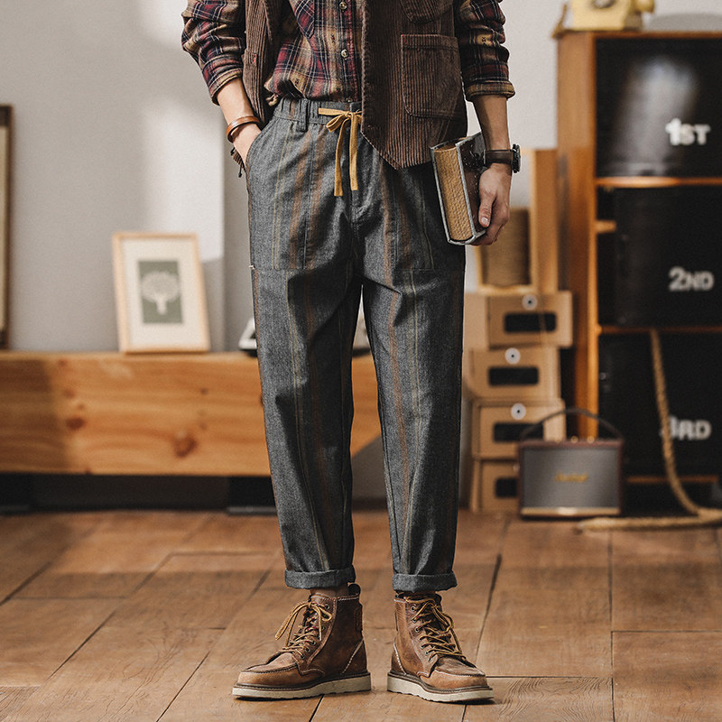 美式复古条纹休闲裤子男夏季薄款宽松锥形九分裤男士英伦雅痞男装,男装,休闲裤,淘宝优惠券,粉丝福利购,淘宝优惠卷