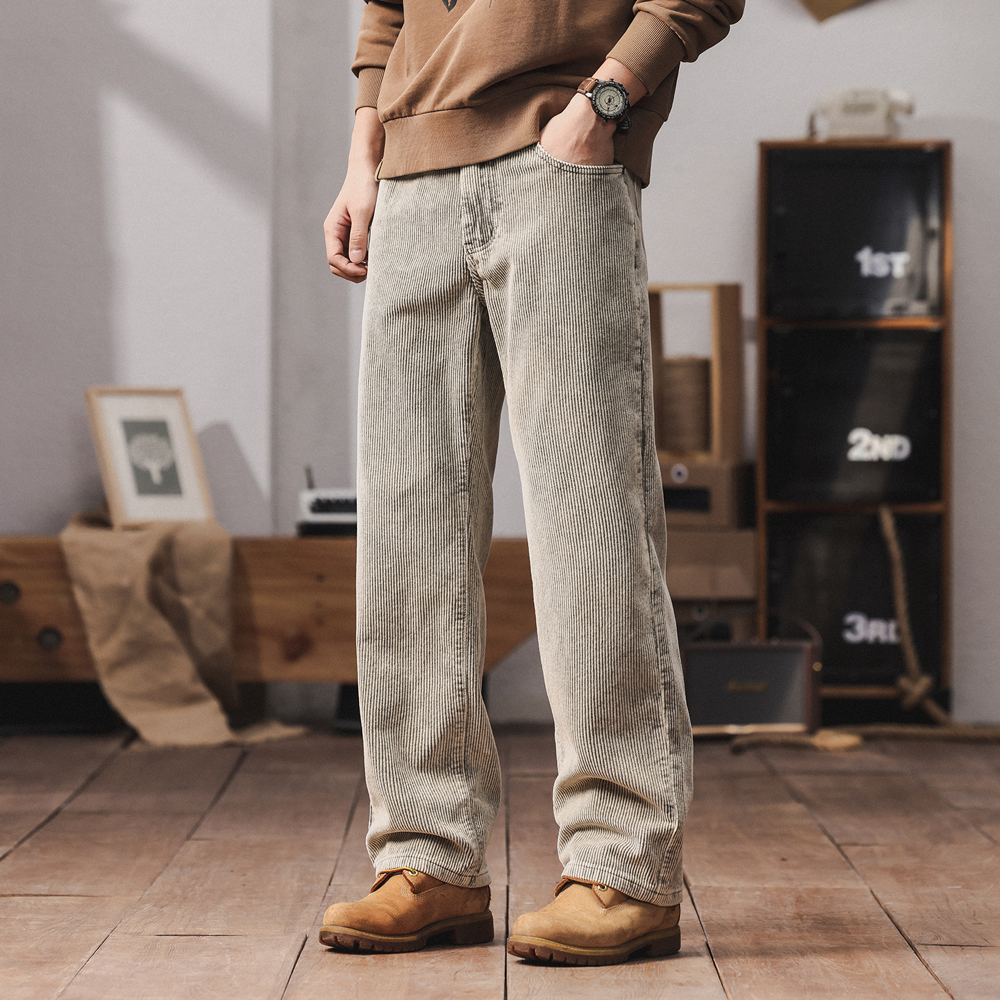 高级感美式休闲灯芯绒裤子男