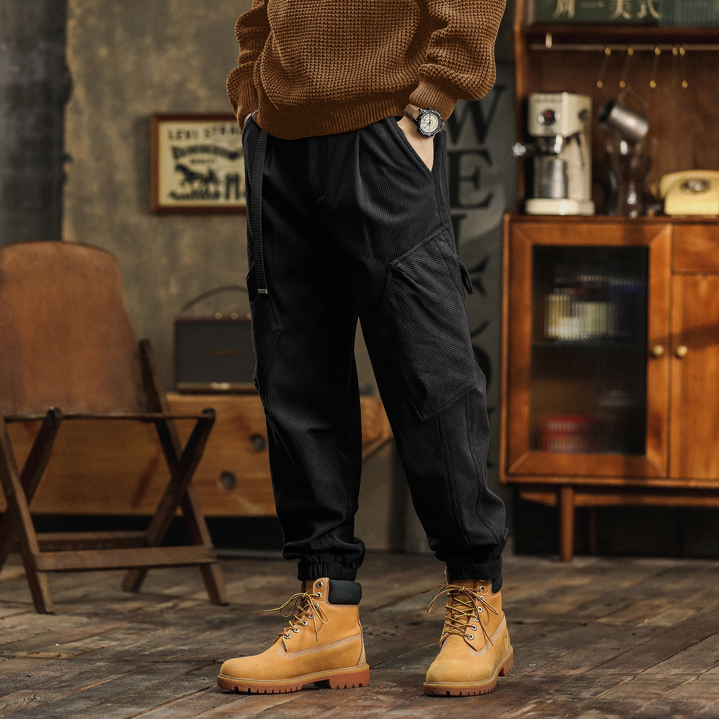 美式重磅加绒工装裤男