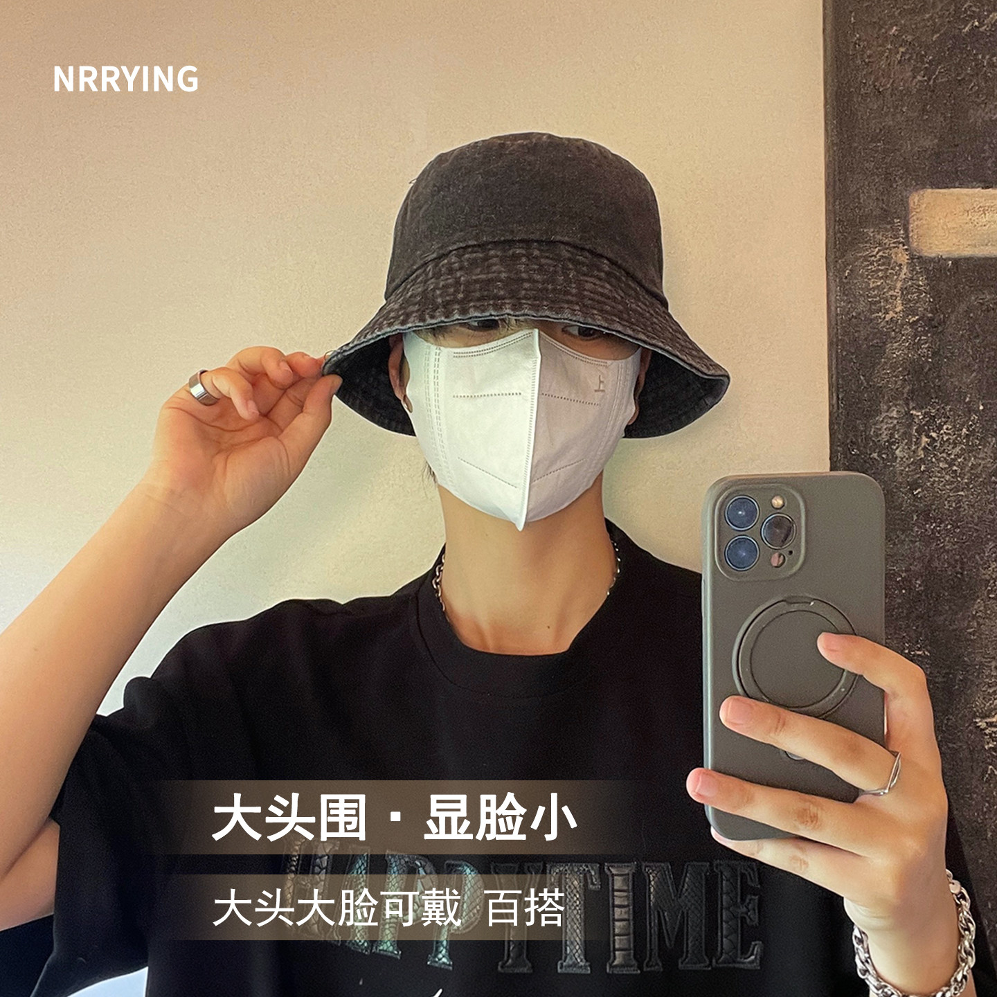 日系复古牛仔渔夫帽男女大头围显脸小水洗简约百搭四季盆帽子男潮