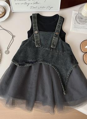2025夏季新款女童韩版牛仔网纱连衣裙两件套夏天可爱公主裙24255
