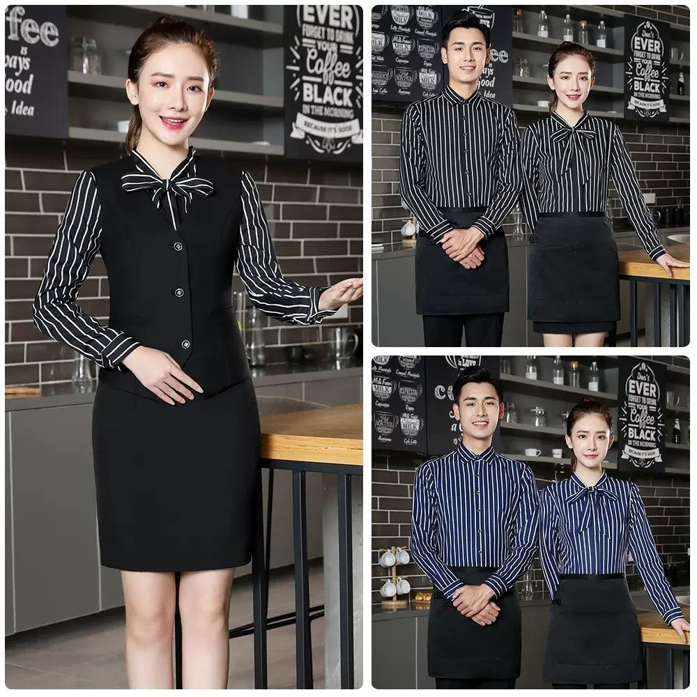 服务员工装西餐厅马甲长袖条纹衬衫火锅餐饮酒店工作服男女绣LOGO