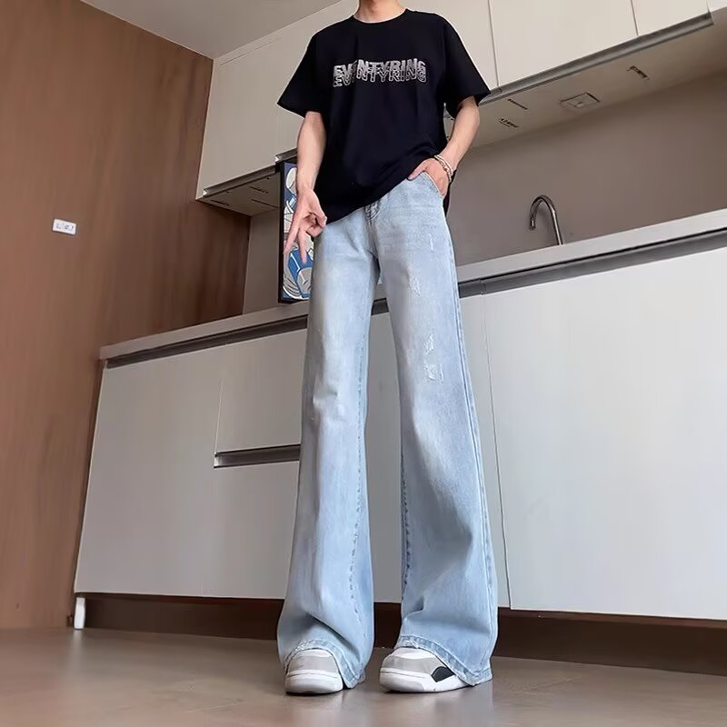 浅蓝色微喇叭牛仔裤男款直筒显瘦裤子美式复古vibe高街阔腿弯刀裤