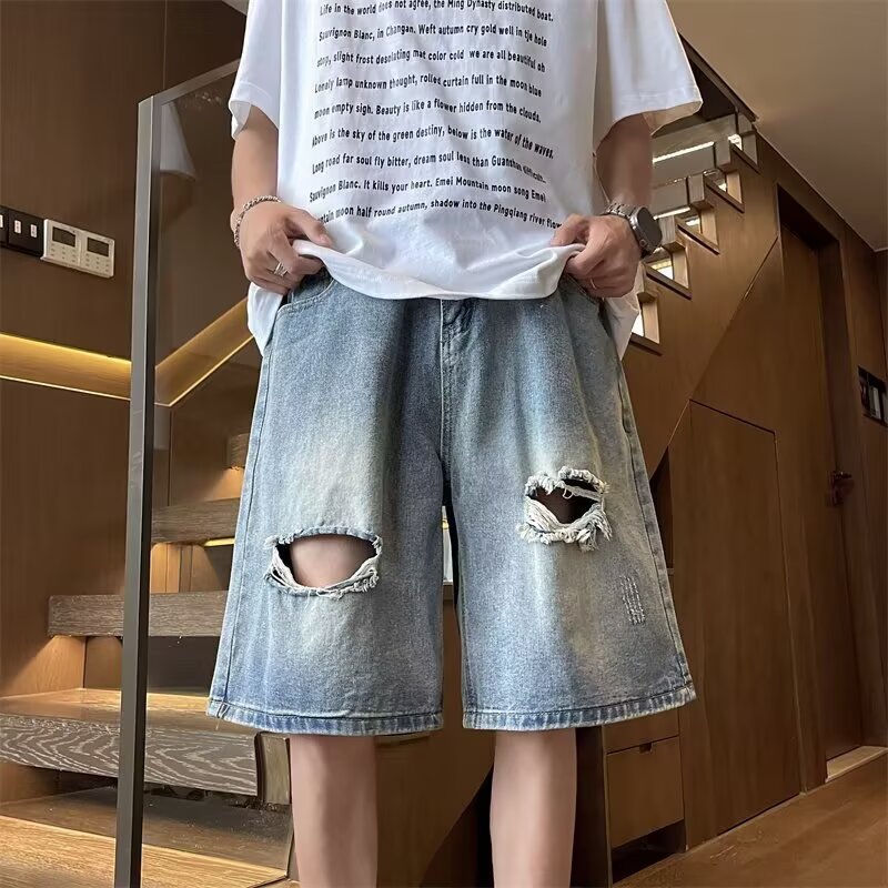 男士破洞牛仔短裤夏季爆款美式高腰外穿直筒裤痞帅休闲五分裤子