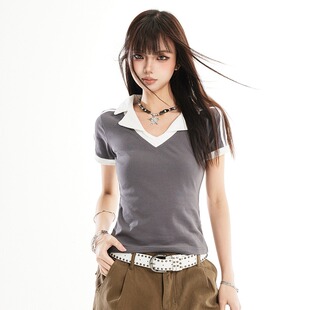 复古辣妹正肩短袖 翻领显瘦短款 t恤女生夏季 修身 上衣 新款 1Cool美式