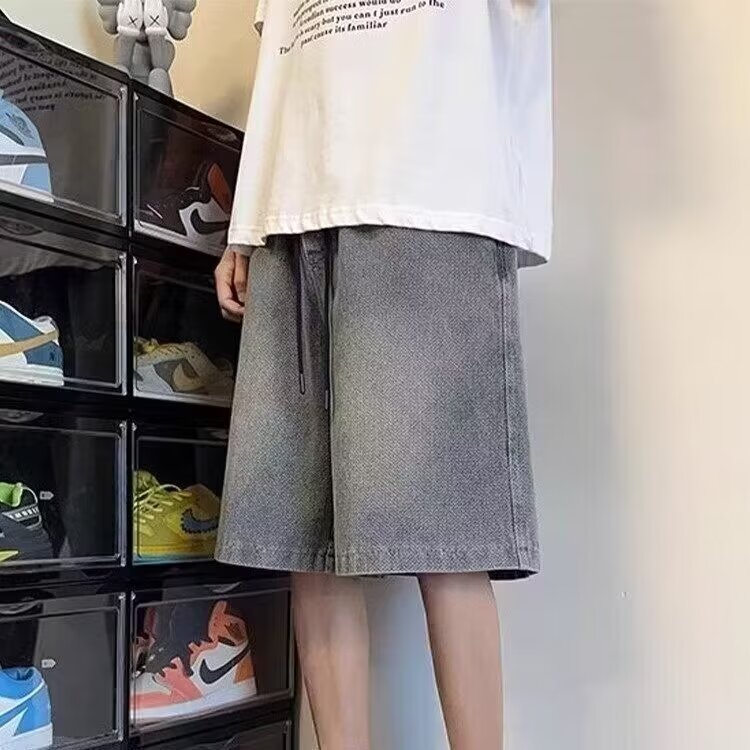 星空纹百搭美式复古街头牛仔短裤男潮夏季宽松阔腿抽绳五分裤潮牌