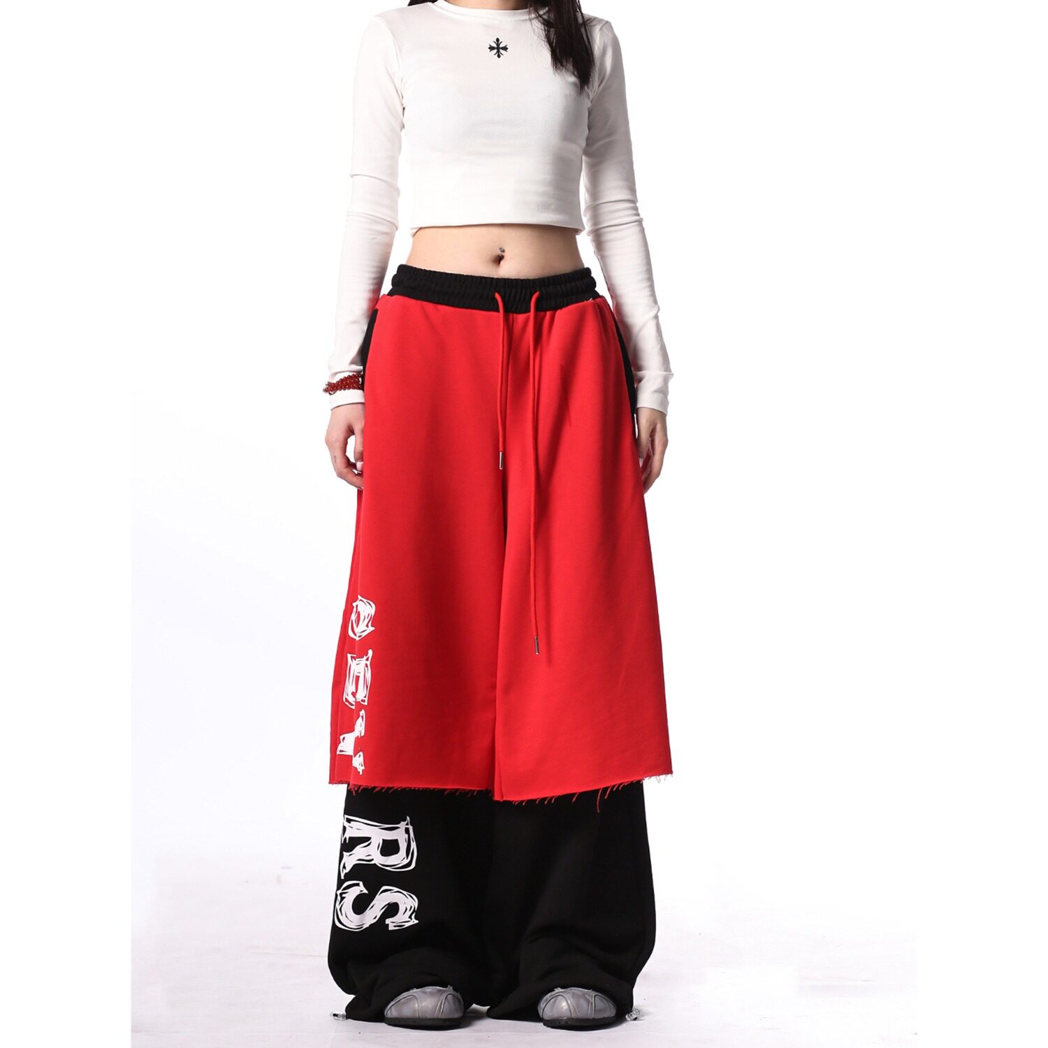 美式复古假两件拼接撞色直筒卫裤男女字母印花设计休闲百搭阔脚裤