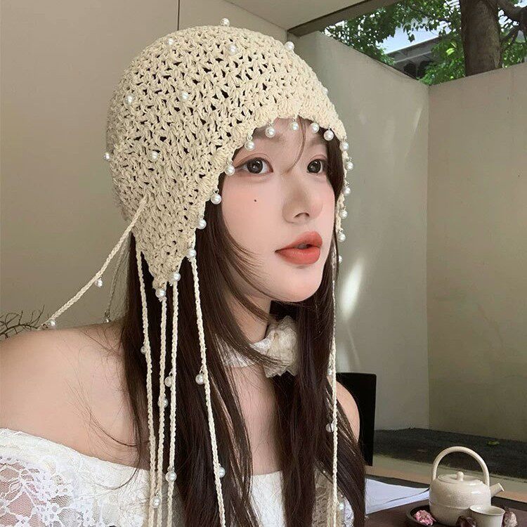 镂空珍珠吊坠手工包头帽子女针织