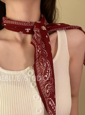 复古安可拉红色腰果花低马尾绑发飘带丝巾女款高级感时尚三角领巾