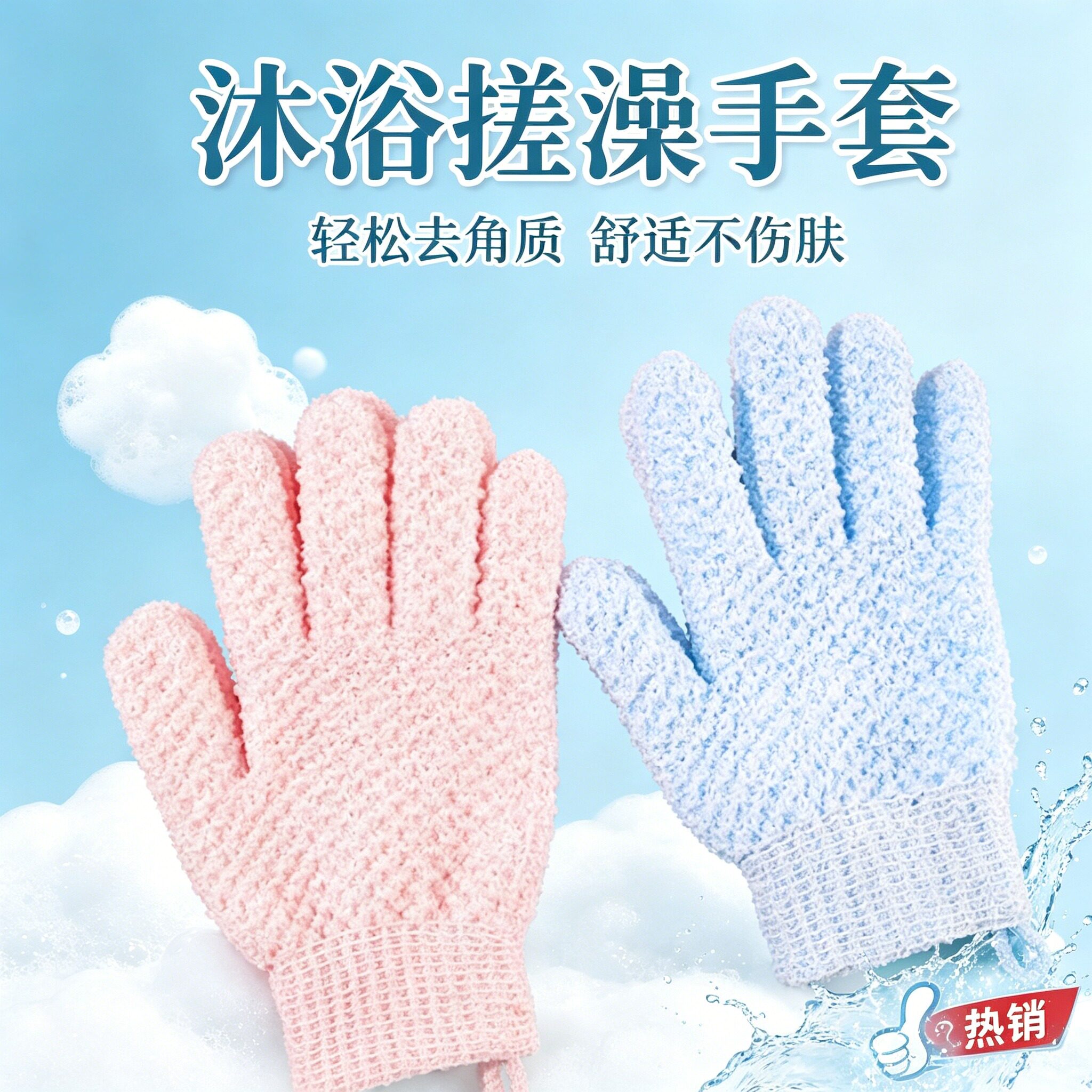 五指双面磨砂搓澡手套强力搓泥
