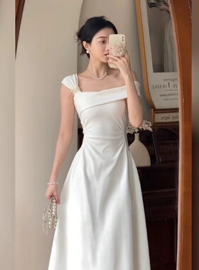 高级气质晚礼服白色长裙法式生日小礼服宴会连衣裙女裙子