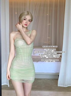 绿精灵/夏季无袖斜肩气质胸垫薄荷曼波拼接蕾丝网纱连衣裙女