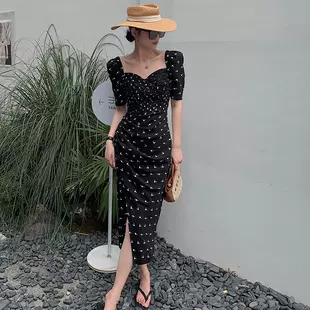 黑色短袖 裙子 碎花中长款 高级感泡泡袖 法式 方领连衣裙女2022夏季