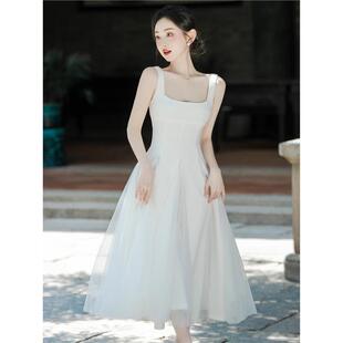 高级感白色吊带连衣裙女秋冬网纱蓬蓬仙女裙初恋小白裙领证小礼服