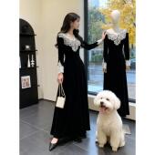 法式 温柔风蕾丝花边黑色丝绒连衣裙秋冬季 高级感收腰气质名媛长裙