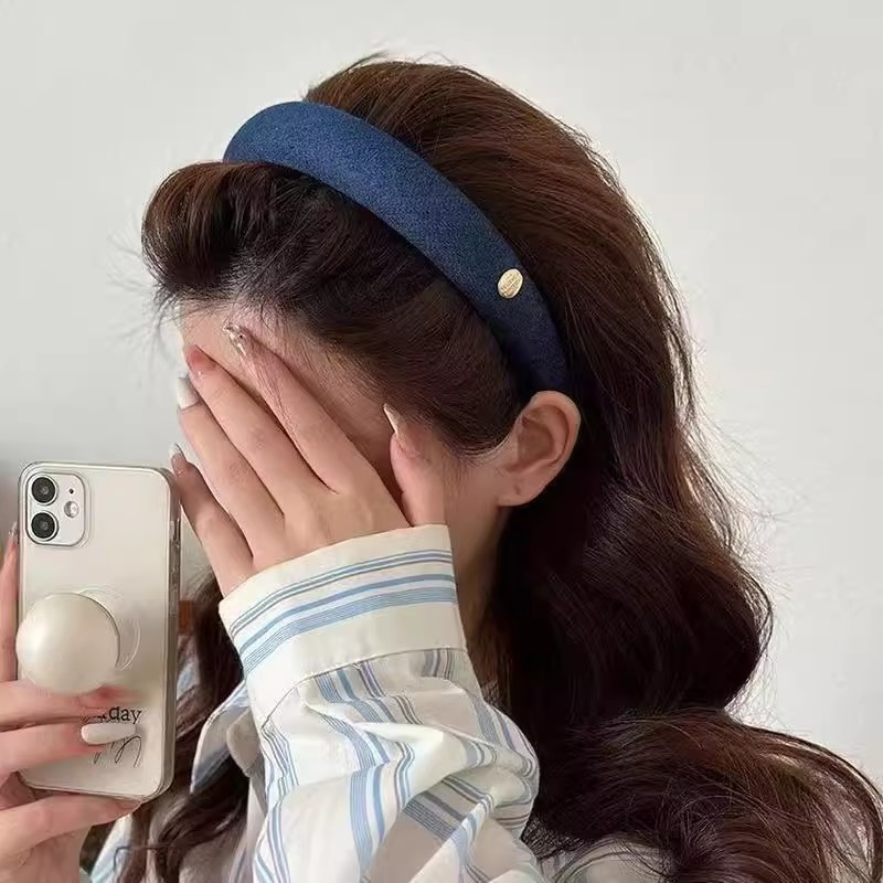 高级感头箍宽边牛仔金属标发箍女高颜值洗脸头箍女