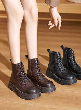 D655秋冬新款牛皮短靴马丁靴小短靴时尚百搭黑色女靴时装靴西部靴