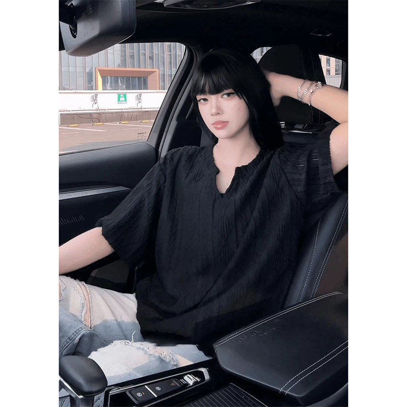 肌理感黑色v领t恤男女款夏季轻薄镂空针织短袖凉感透气正肩半截袖