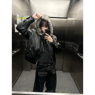 脊煞美式短款座山雕外套皮衣棉服男冬加绒加厚连帽毛领皮夹克棉衣