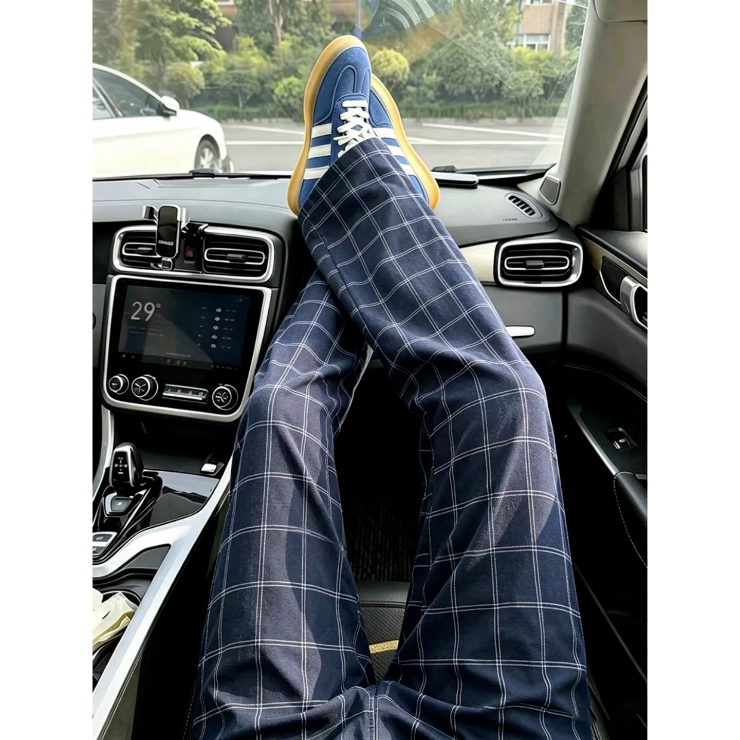 cleanfit藏青色微喇格子裤男夏季垂坠感阔腿裤子美式休闲直筒长裤