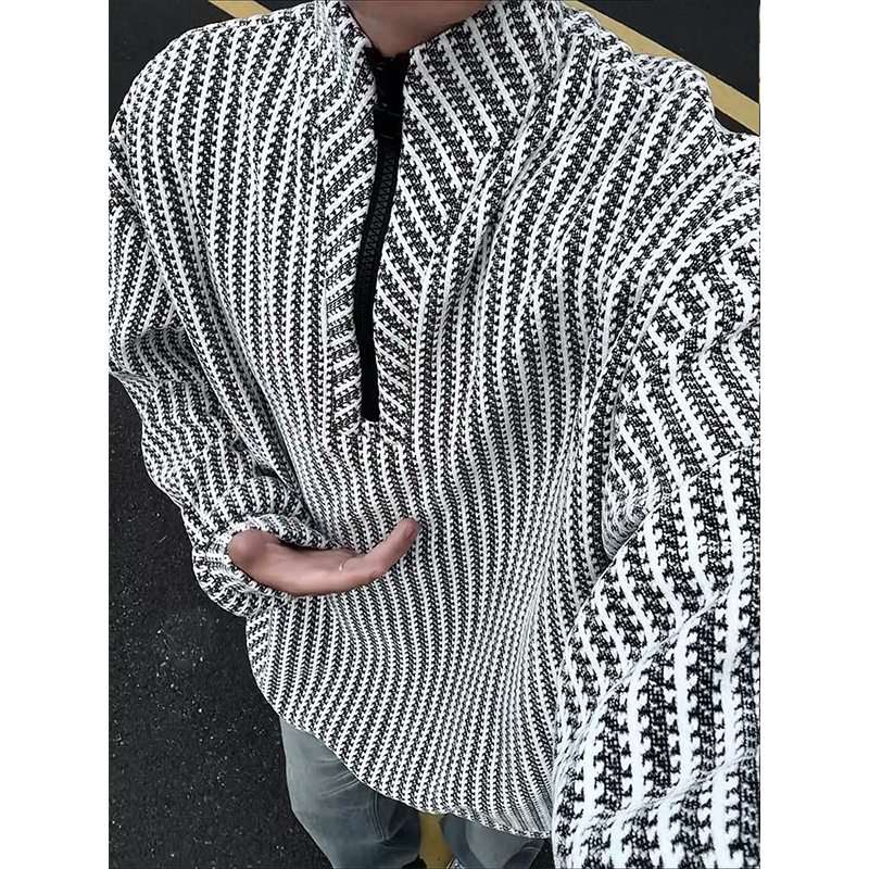 鱼骨纹半拉链重磅卫衣男美式亨利领长袖T恤早秋季休闲打底衫外套