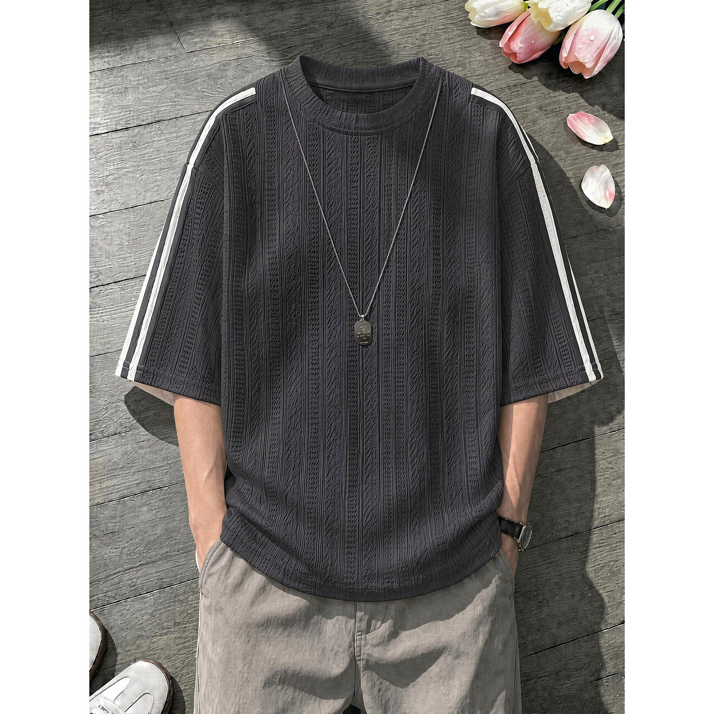 复古老钱风麦穗纹圆领T恤男女夏潮牌条纹撞色五分袖宽松透气短袖