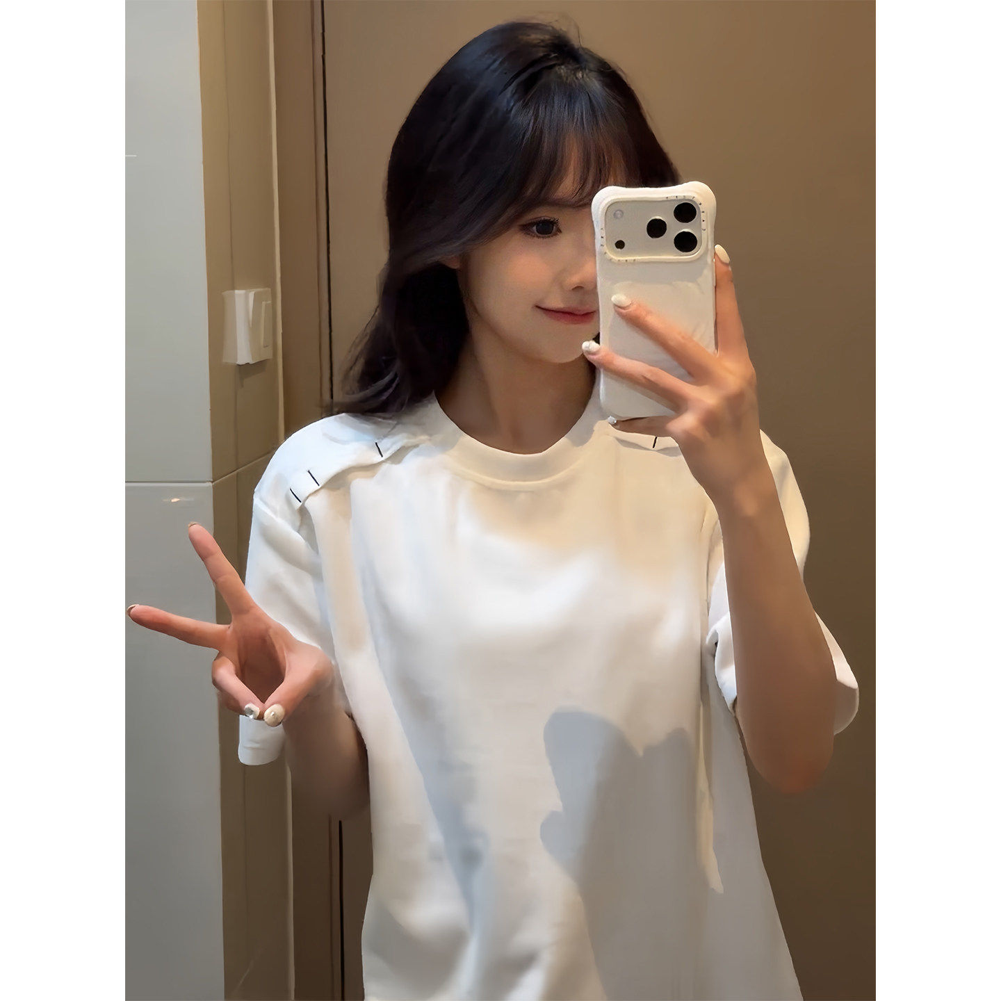 白色重磅解构拼接正肩t恤男夏季cleanfit小领口短袖潮牌美式半袖