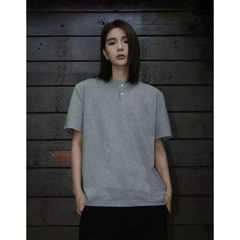 灰色正肩亨利领t恤男女夏季冰皮凉感短袖polo衫美式高街速干半袖