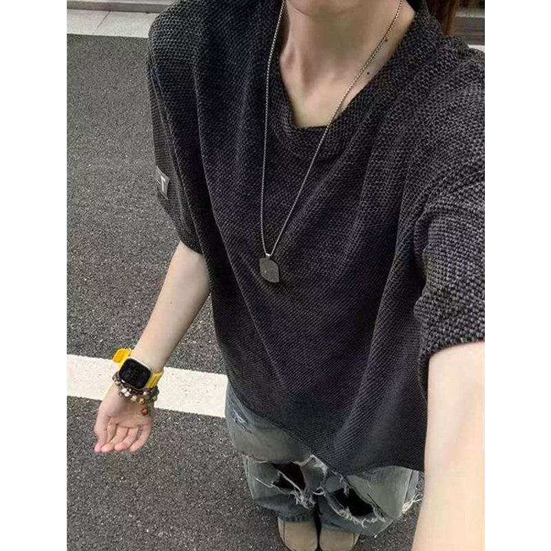 老钱风灰色复古针织短袖男款夏季蜂窝肌理感透气半袖凉感冰丝t恤