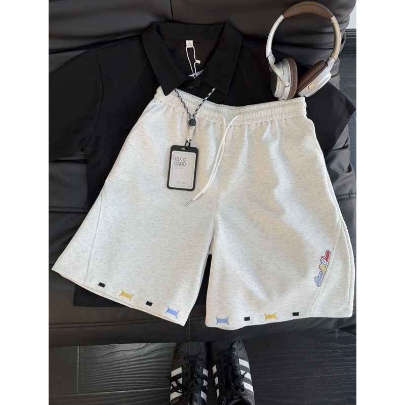 白灰色斜切刺绣运动短裤男款夏季重磅美式复古休闲卫裤阔腿五分裤