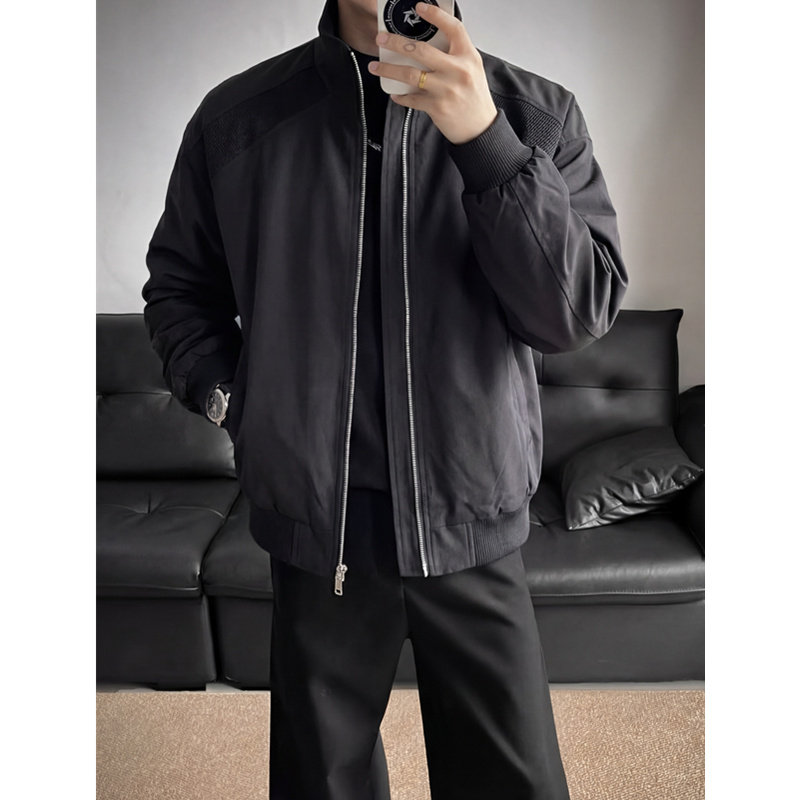 黑色飞行员夹克外套男款冬季cleanfit立领短款解构拼接美式棒球服