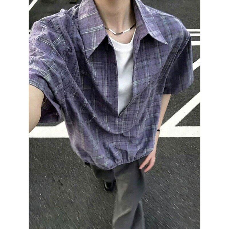 男夏薄款假两件格子短袖衬衫