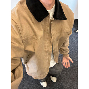 vintage卡其色帆布水洗牛仔外套男款美式潮牌翻领底特律工装夹克