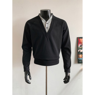 假两件双v领卫衣男春秋季内搭打底衫cleanfit美式正肩短款长袖t恤