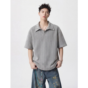 短袖 重磅半袖 男女款 痞帅高级感翻领t恤美式 夏季 白色人字纹polo衫