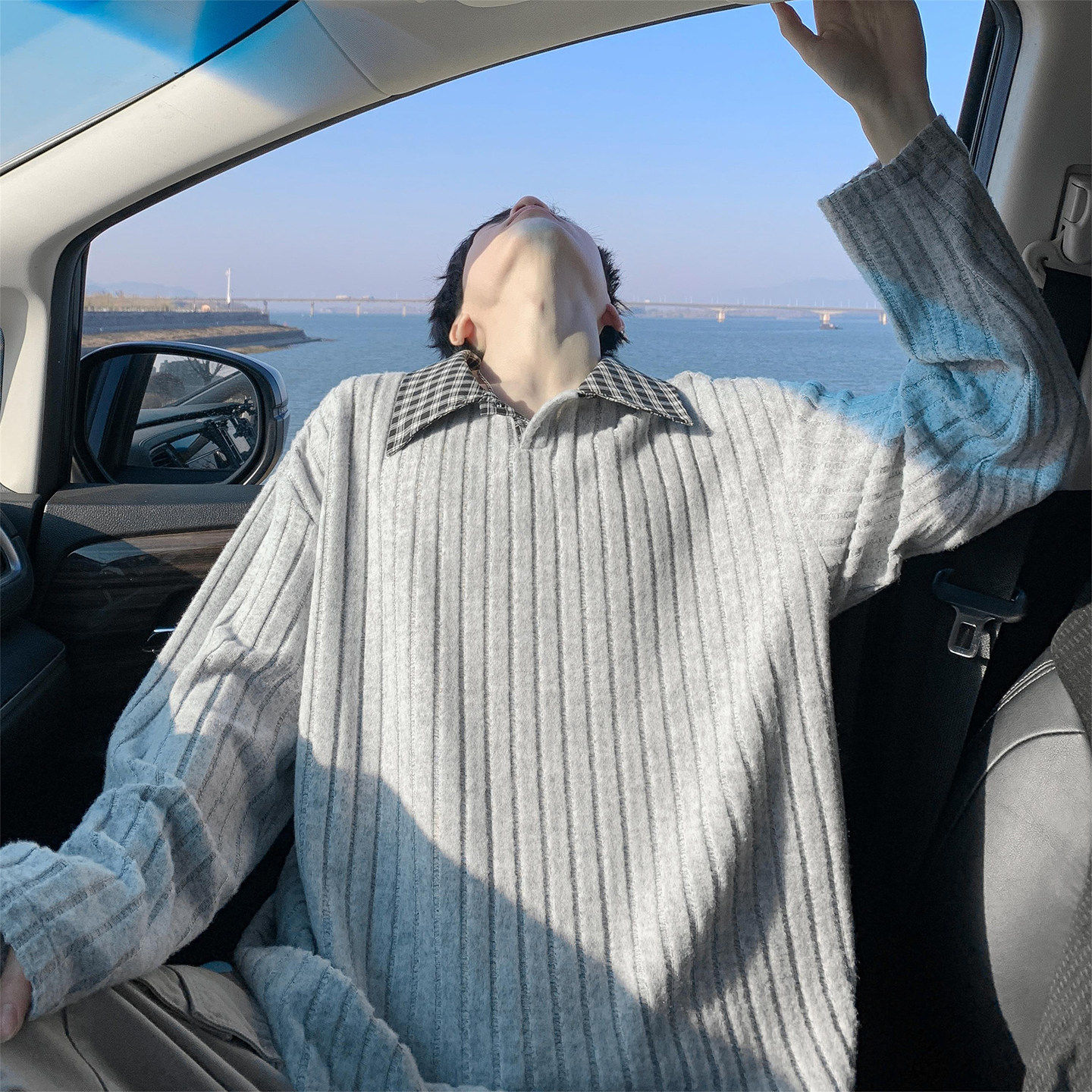 千鸟格翻领长袖T恤男冬季cleanfit青少年POLO打底衫美式重磅内搭