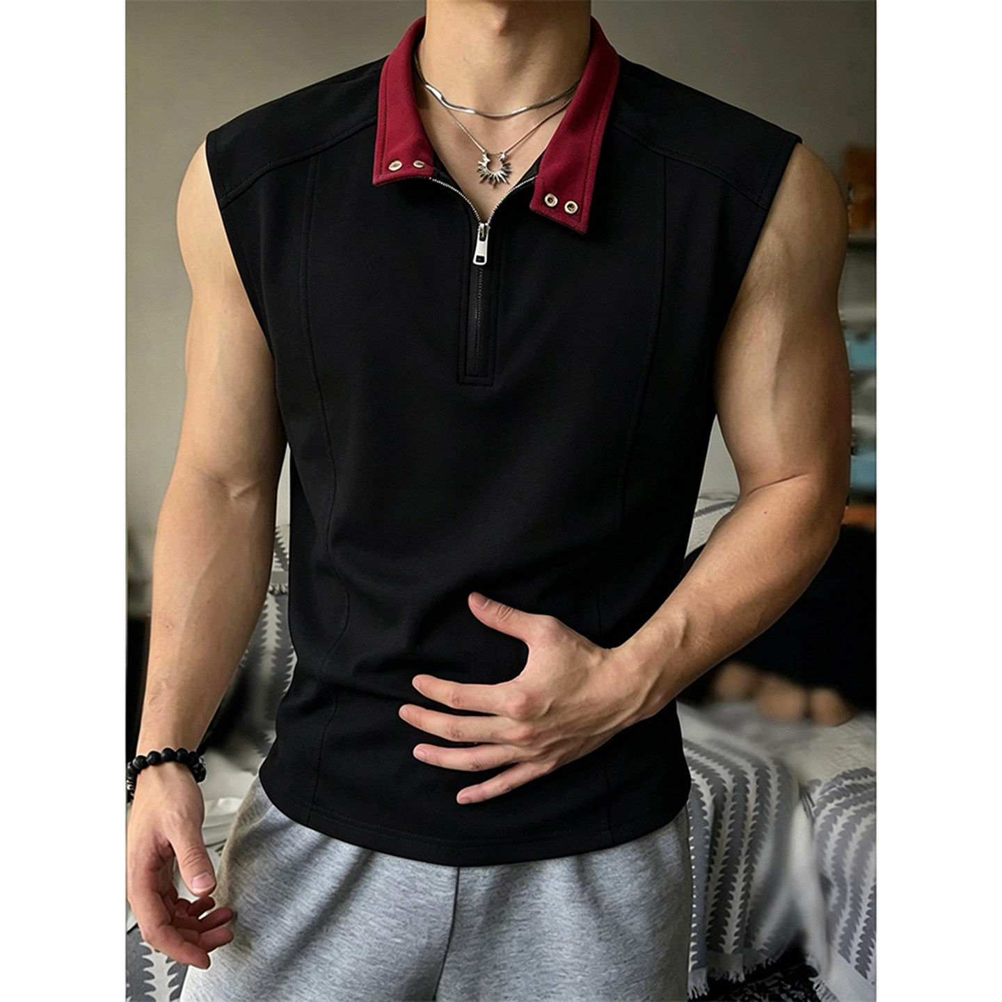 黑色解构拼接健身背心男夏季外穿美式亨利领t恤无袖运动坎肩上衣
