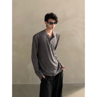 亨利领坑条纹肌理感长袖t恤男秋季潮牌高级感痞帅内搭卫衣打底衫