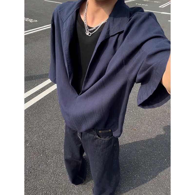 清新风短袖衬衫男款夏季高级感假两件翻领套头轻薄透气少年感衬衣