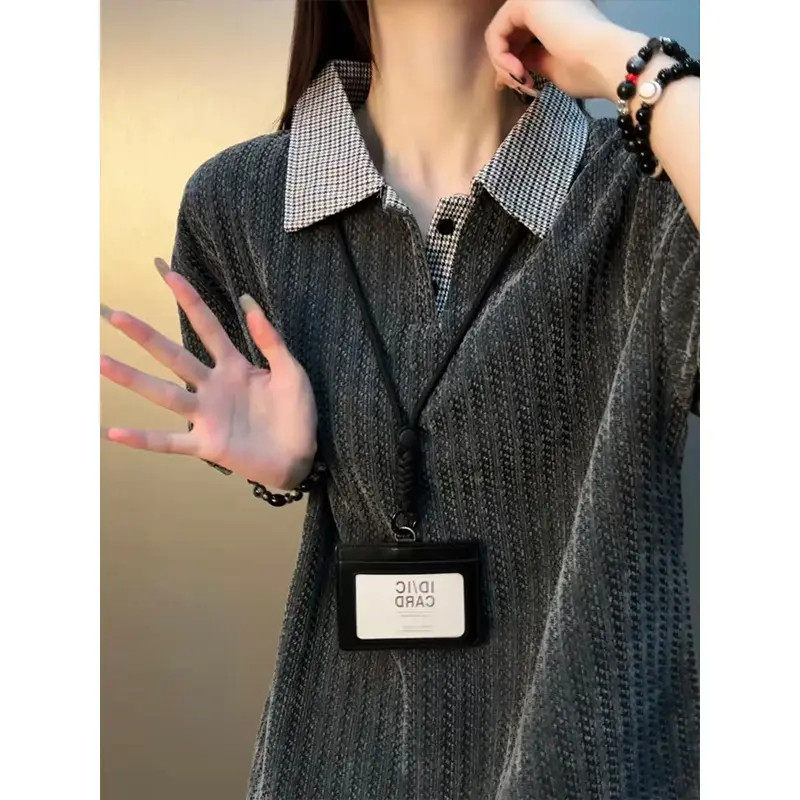 小香风鱼骨纹翻领短袖男款夏季假两件千鸟格POLO衫高级感重磅t恤